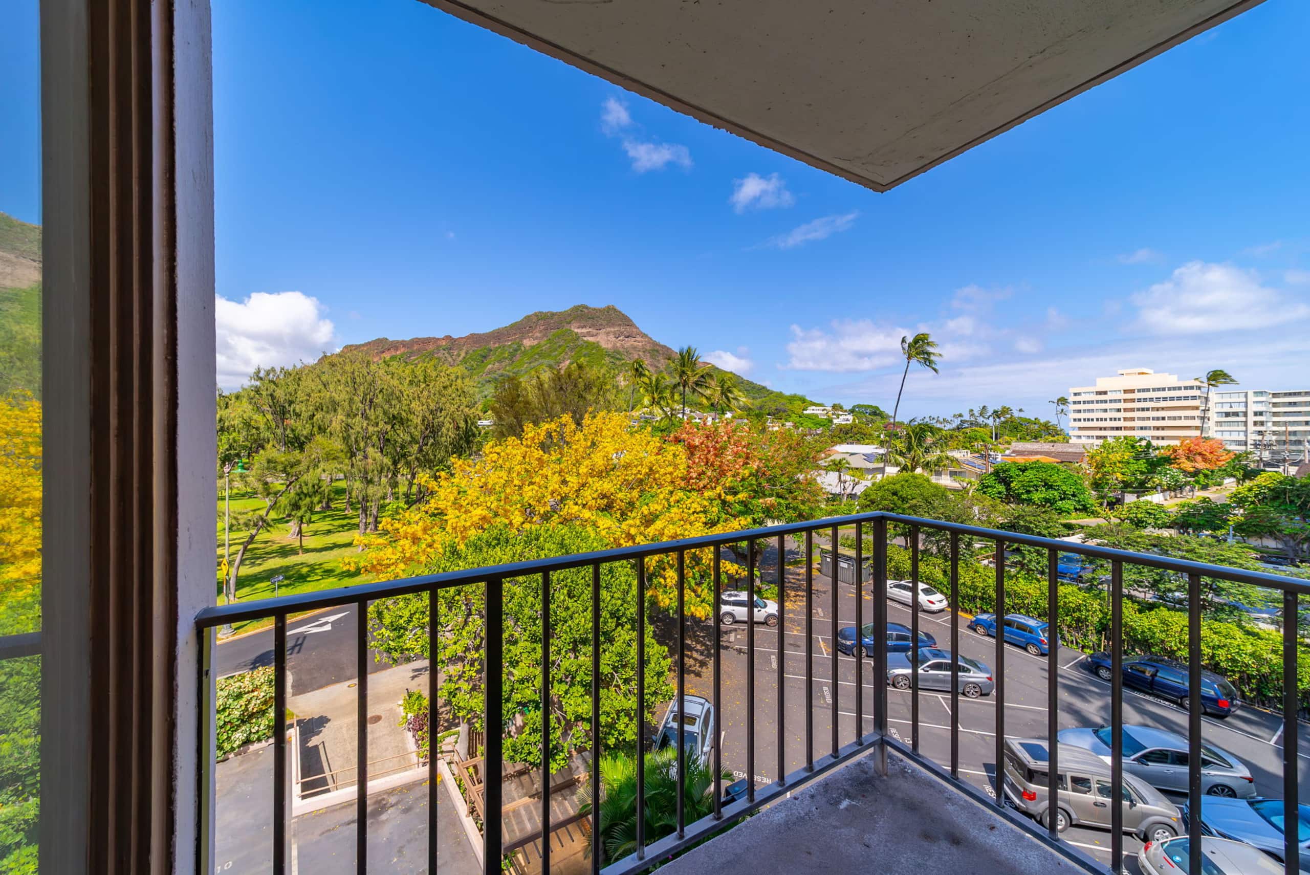 Diamond Head and flowering trees from the lānai