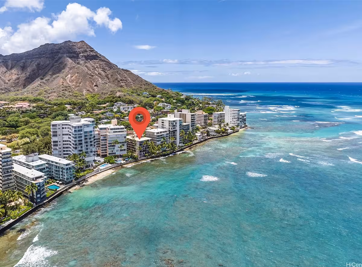 Aerial view of the Gold Coast with Diamond Head and the condo location marked